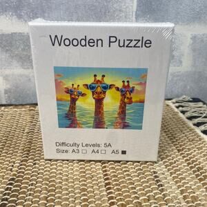 NEW Three Leisurely Giraffes Premium Wooden Puzzle 6x8" Thick Whimsy Pieces